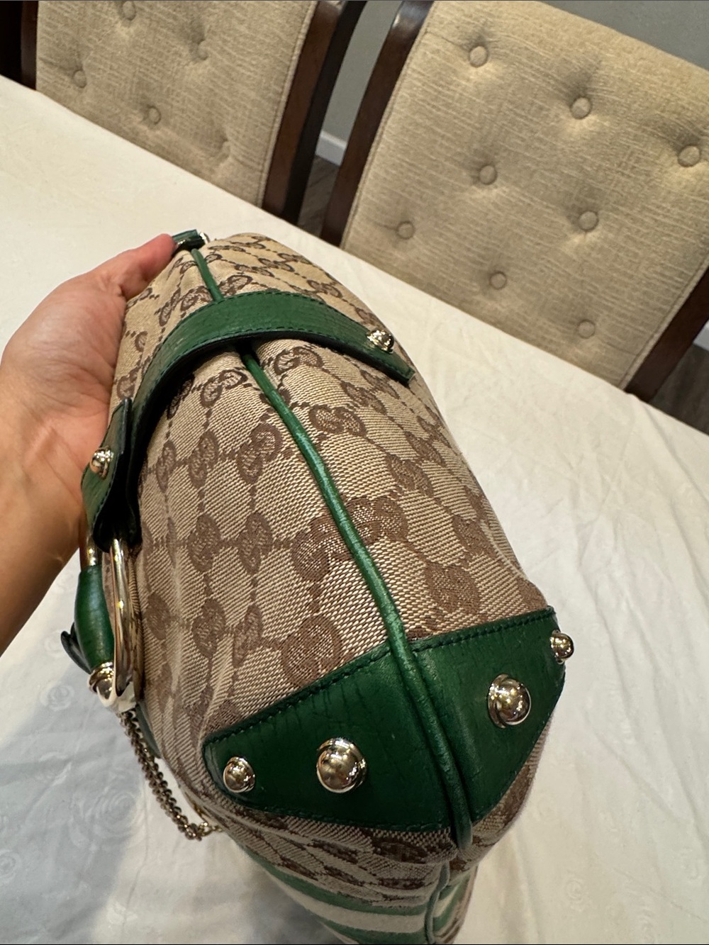 Authentic Gucci Beige Monogram Hobo with Green and Cream Stripes - Picture 5 of 11
